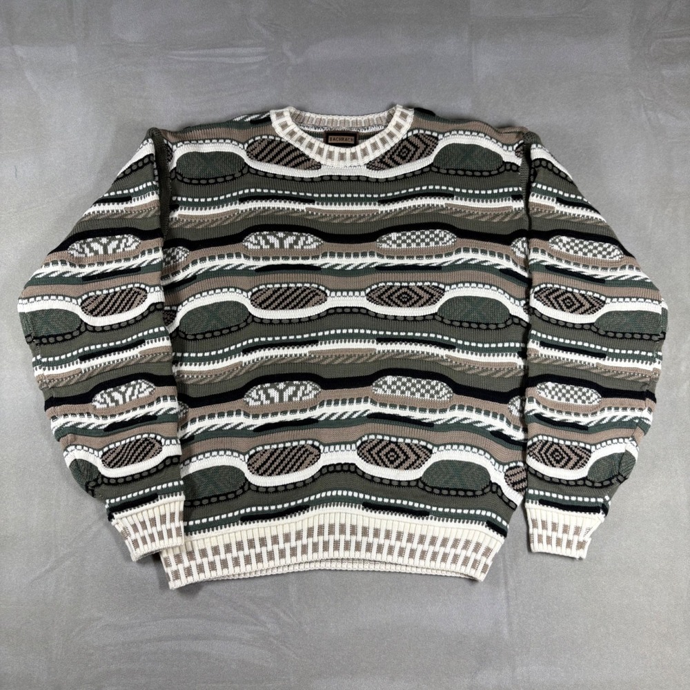 Vintage Bachrach 3D Texture Knit Sweater Mens XL Green Geometric Abstract 90s